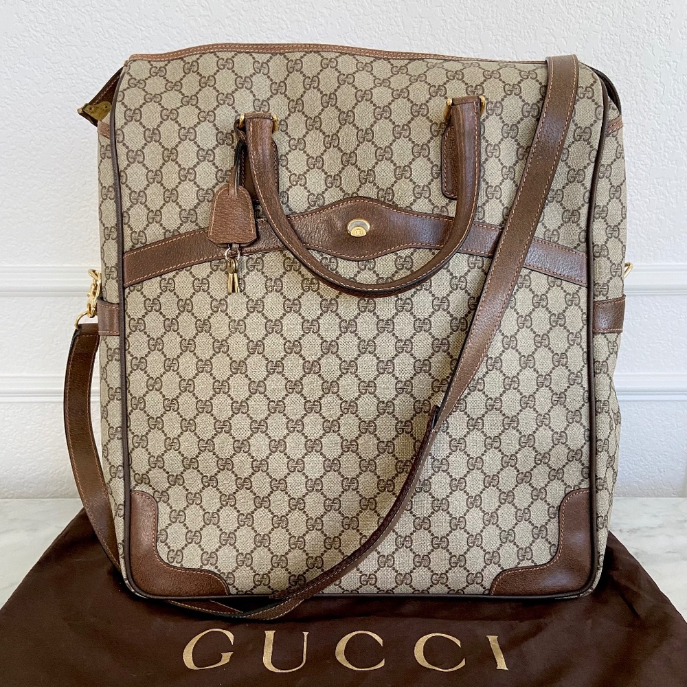 Authentic Gucci Vintage Two-Way Luggage Travel Bag - Keys + Shoulder Strap Brown